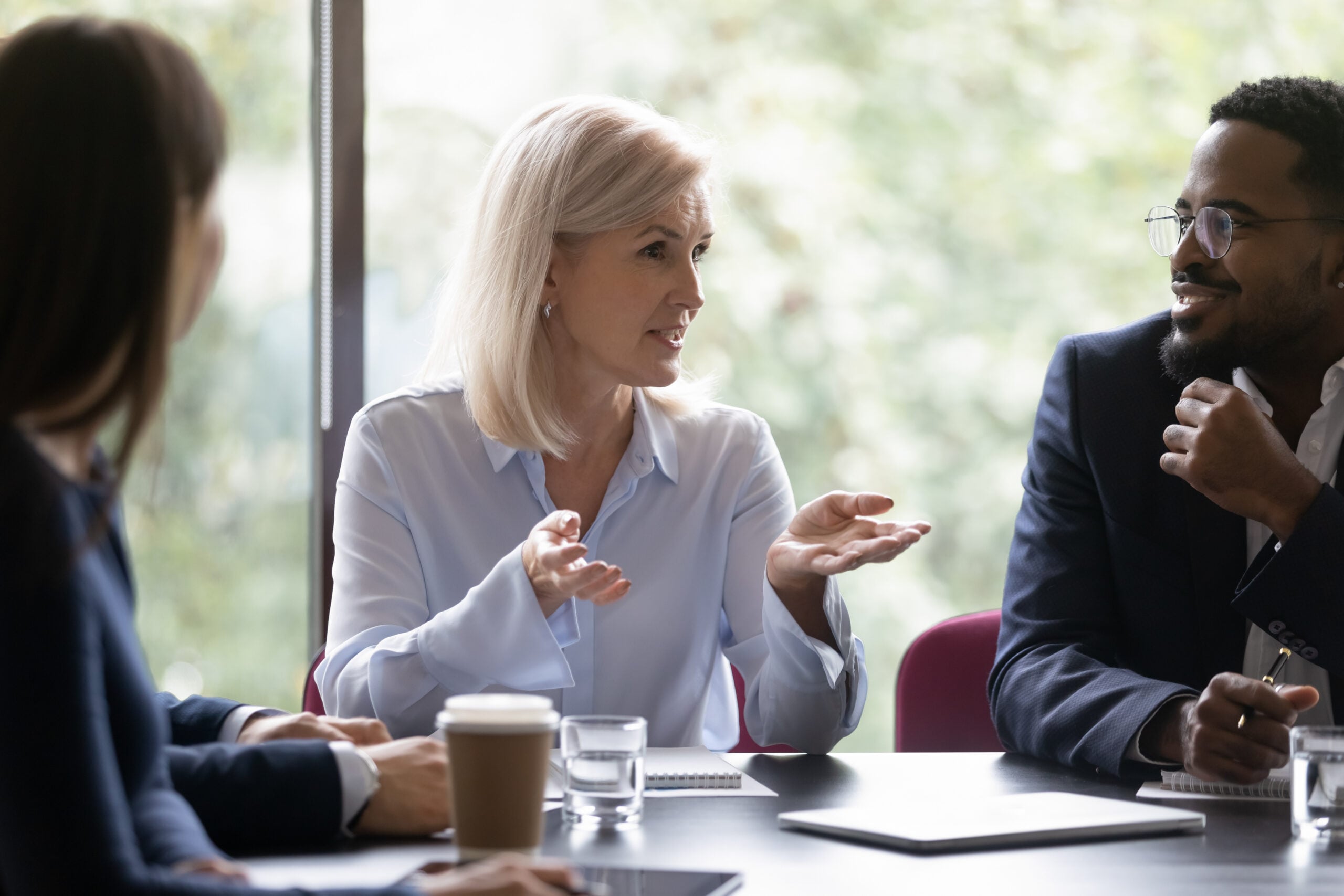 Pleasant mature businesswoman offering project to diverse customers on negotiations executive rehab center